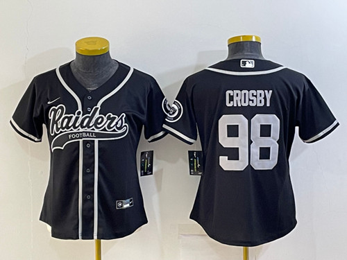 Women's Las Vegas Raiders #98 Maxx Crosby Black With Patch Cool Base Stitched Baseball Jersey(Run Small)